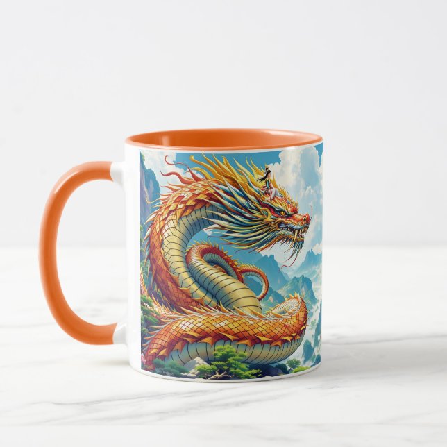 Fantasy Cute Orange Dragon Mountains Mug (Left)