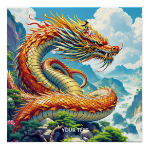 Fantasy Cute Orange Dragon Mountains Poster