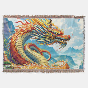 Fantasy Cute Orange Dragon Mountains Throw Blanket
