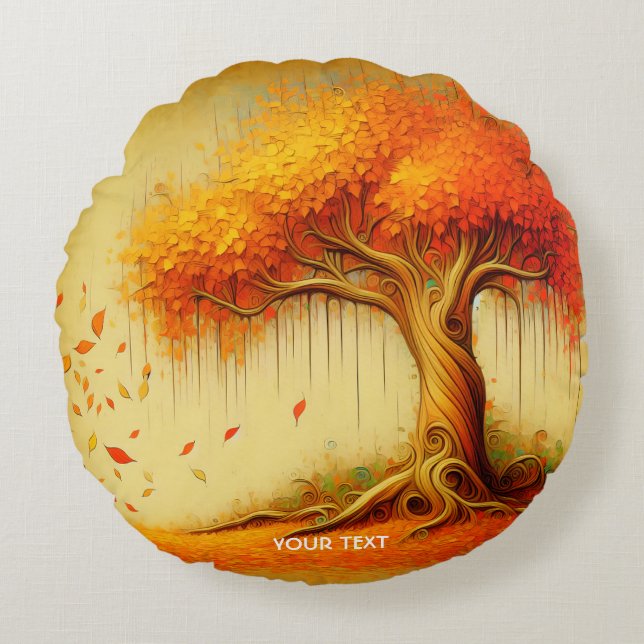 Fantasy Cute Orange Fall Tree Round Cushion (Front)
