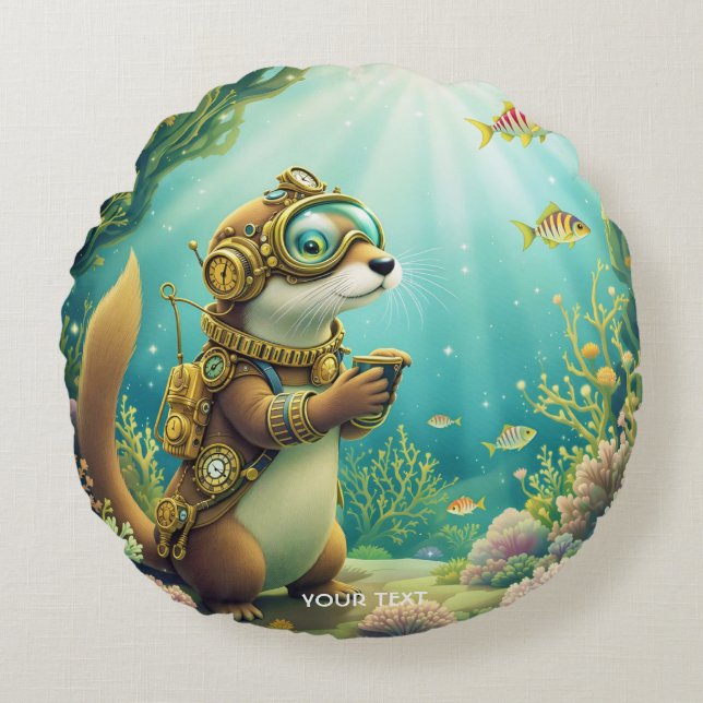 Fantasy Cute Otter Steampunk Suit Round Cushion (Front)