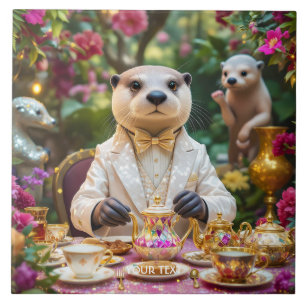 Fantasy Cute Otter Tea Party Ceramic Tile