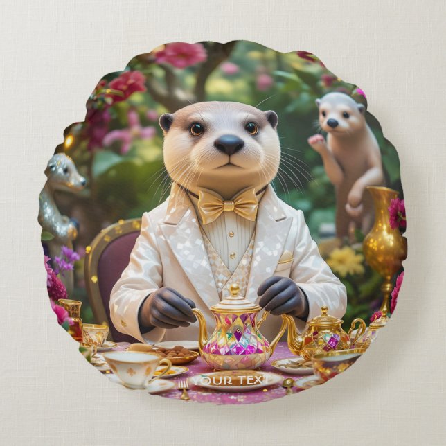 Fantasy Cute Otter Tea Party Round Cushion (Front)