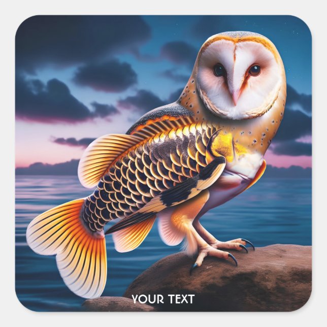 Fantasy Cute Owl Fish Sea Square Sticker (Front)