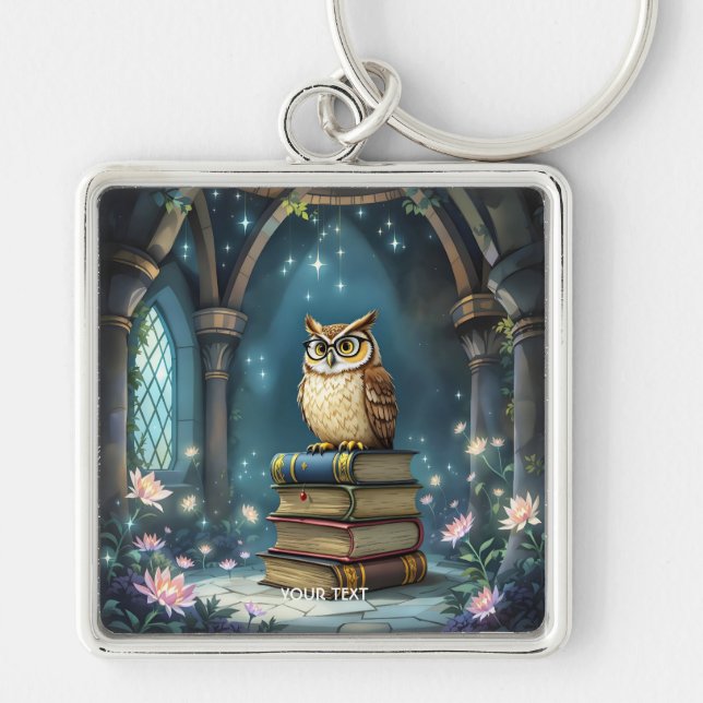 Fantasy Cute Owl Glasses Books Key Ring (Front)