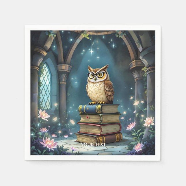 Fantasy Cute Owl Glasses Books Napkin (Front)