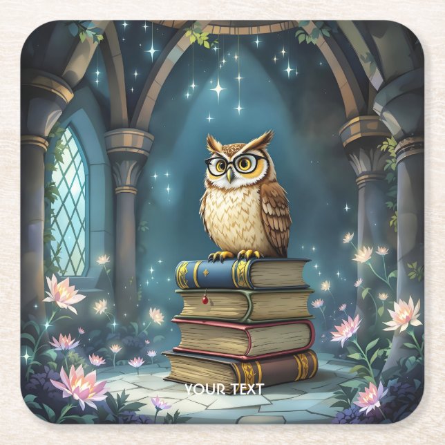Fantasy Cute Owl Glasses Books Square Paper Coaster (Front)