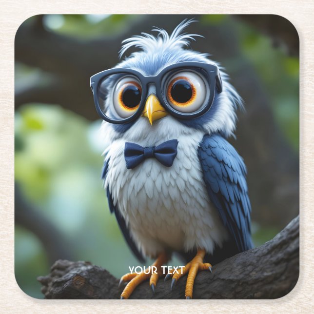 Fantasy Cute Owl Glasses Bow Square Paper Coaster (Front)
