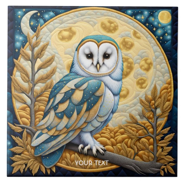 Fantasy Cute Owl Moon Trees Ceramic Tile (Front)