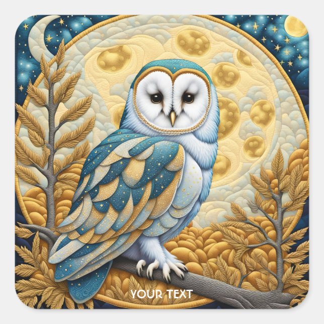 Fantasy Cute Owl Moon Trees Square Sticker (Front)