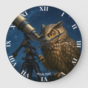 Fantasy Cute Owl Telescope Night  Large Clock