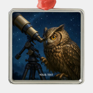Fantasy Cute Owl Telescope Night Metal Ornament