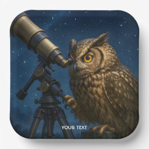 Fantasy Cute Owl Telescope Night Paper Plate