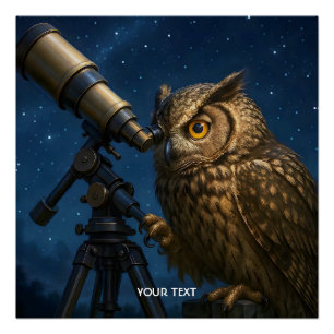 Fantasy Cute Owl Telescope Night Poster