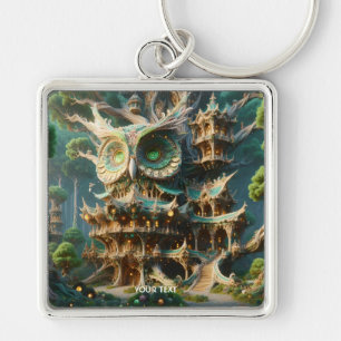 Fantasy Cute Owl Tree House Key Ring