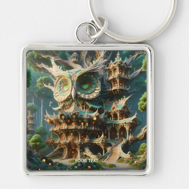 Fantasy Cute Owl Tree House  Key Ring (Front)