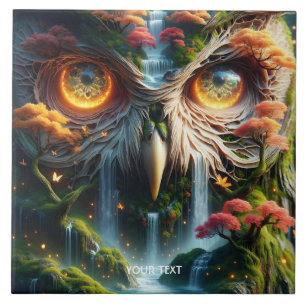 Fantasy Cute Owl Waterfall Trees Ceramic Tile