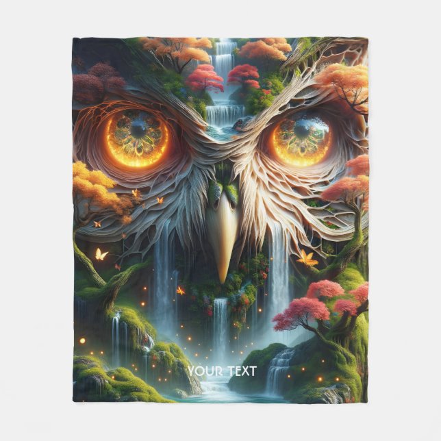 Fantasy Cute Owl Waterfall Trees Fleece Blanket (Front)