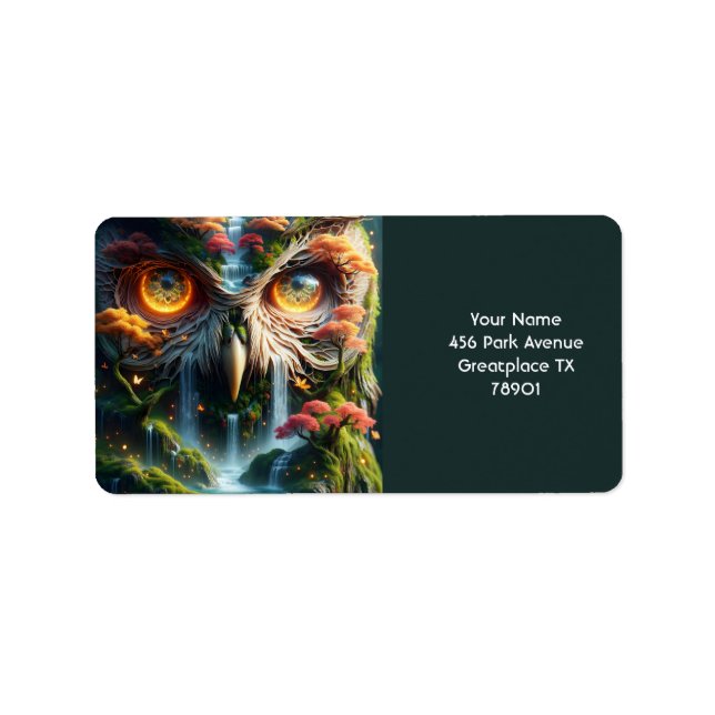 Fantasy Cute Owl Waterfall Trees Label (Front)