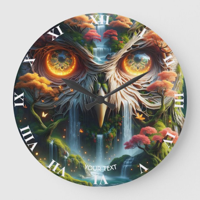 Fantasy Cute Owl Waterfall Trees Large Clock (Front)