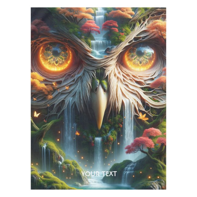 Fantasy Cute Owl Waterfall Trees Tablecloth (Front)