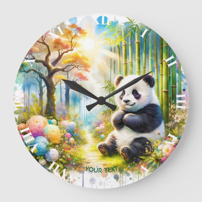 Fantasy Cute Panda Bamboo Forest Large Clock (Front)