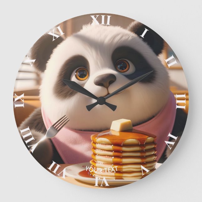 Fantasy Cute Panda Eating Pancakes Large Clock (Front)