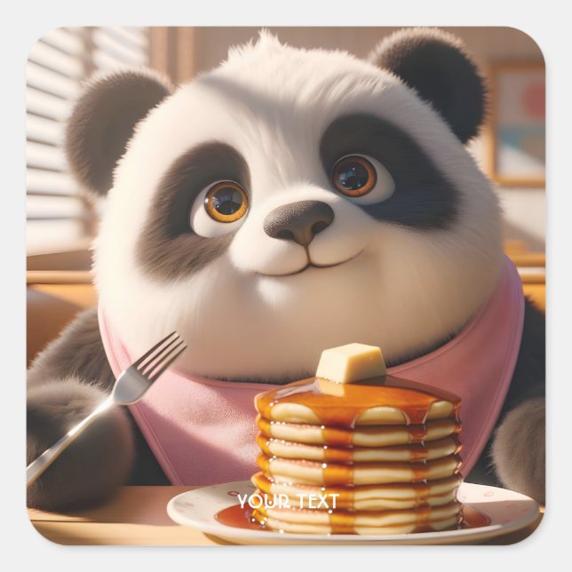 Fantasy Cute Panda Eating Pancakes Square Sticker (Front)