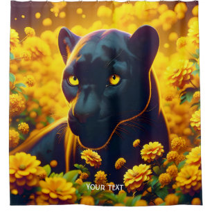 Fantasy Cute Panther Yellow Flowers Shower Curtain