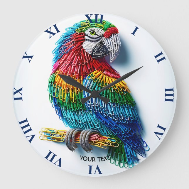 Fantasy Cute Paper Clips Bird Large Clock (Front)
