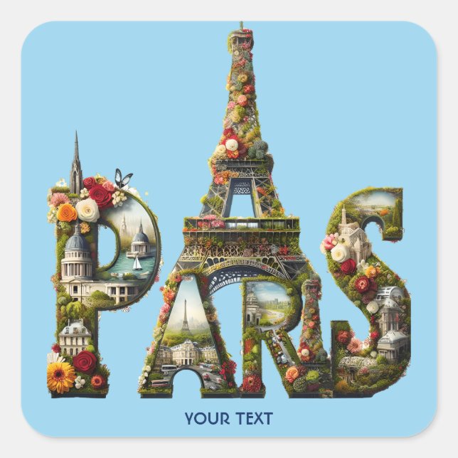 Fantasy Cute Paris Buildings Flowers Square Sticker (Front)
