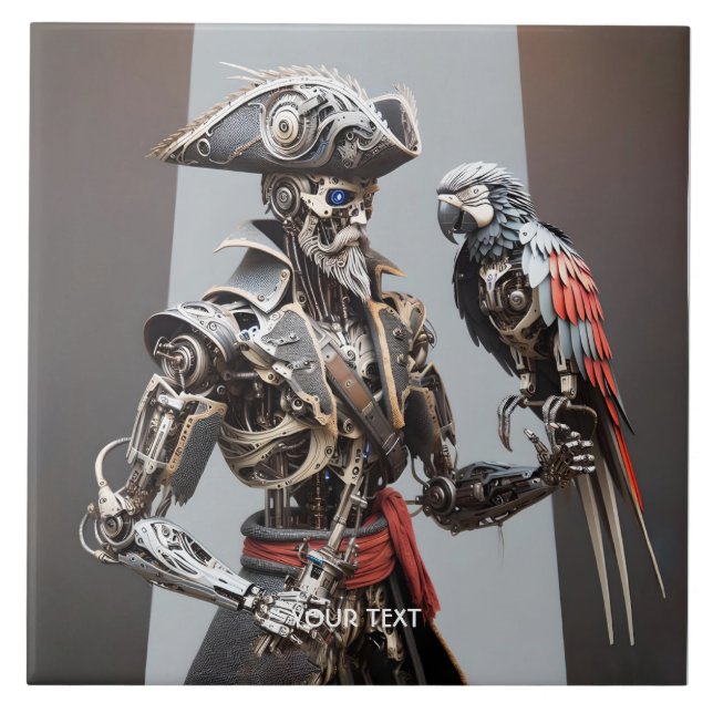 Fantasy Cute Parrot Cyborg Pirate Ceramic Tile (Front)