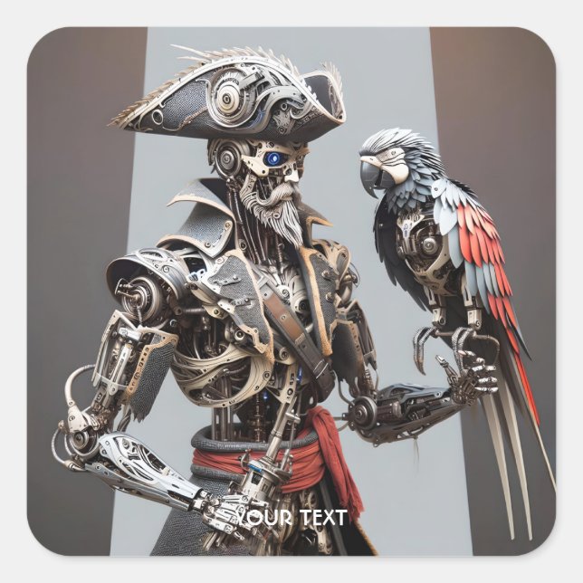 Fantasy Cute Parrot Cyborg Pirate Square Sticker (Front)