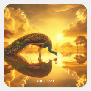 Fantasy Cute Peacock Drinking Water Square Sticker
