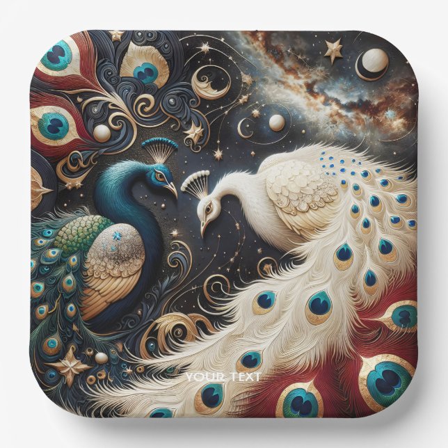 Fantasy Cute  Peacocks Crescent Feathers Paper Plate (Front)