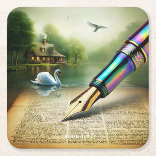 Fantasy Cute Pen Lake Swan Square Paper Coaster