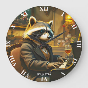 Fantasy Cute Piano Racoon Playing Large Clock