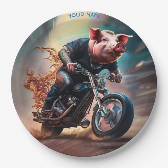 Fantasy Cute Pig Riding Bike Paper Plate (Front)