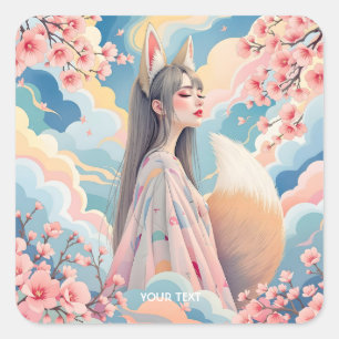 Fantasy Cute Pink Fox Lady Square Sticker