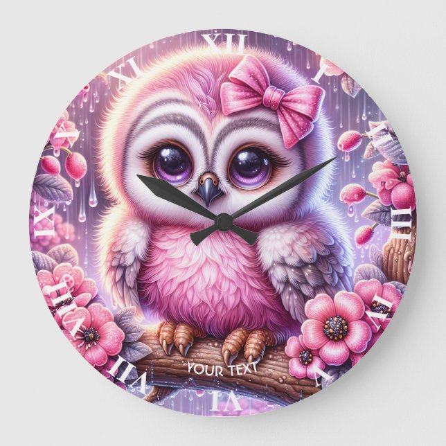 Fantasy Cute Pink Owl Sakura Large Clock (Front)