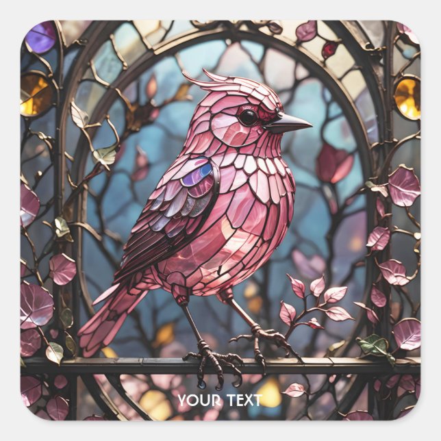 Fantasy Cute Pink Stain Glass Bird Square Sticker (Front)
