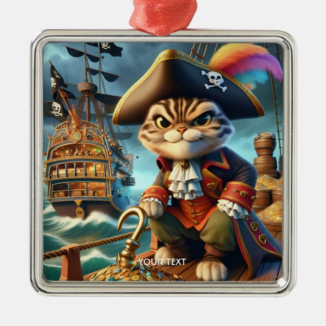 Fantasy Cute Pirate Cat Ship Metal Ornament (Front)