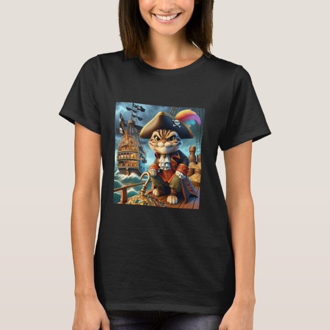 Fantasy Cute Pirate Cat Ship T-Shirt (Front)