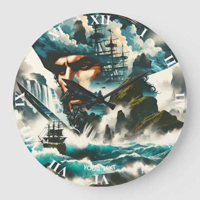 Fantasy Cute Pirate Ship Ocean Large Clock (Front)