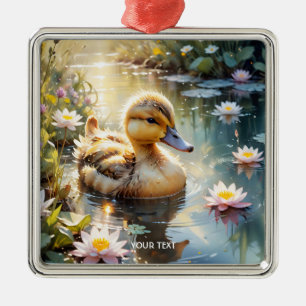 Fantasy Cute Playful Duckling Flowers Metal Ornament