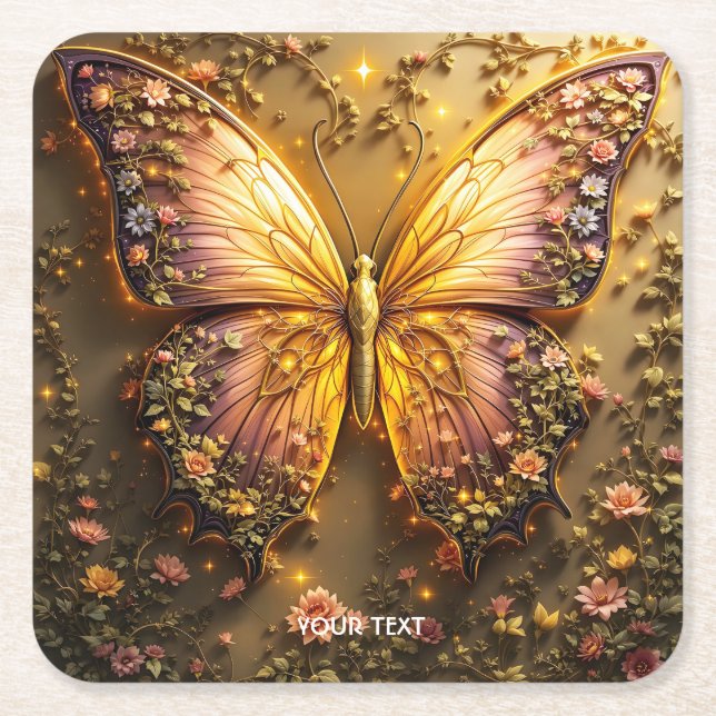 Fantasy Cute Plum Peach Butterfly Square Paper Coaster (Front)