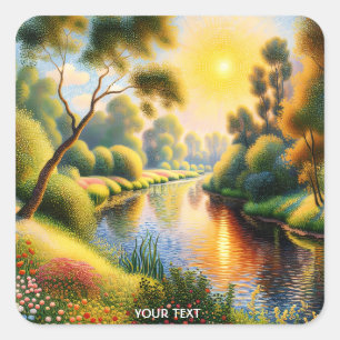 Fantasy Cute Pointillism Landscape River Square Sticker