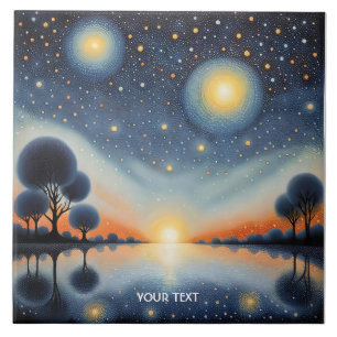 Fantasy Cute Pointillist Night Landscape Ceramic Tile