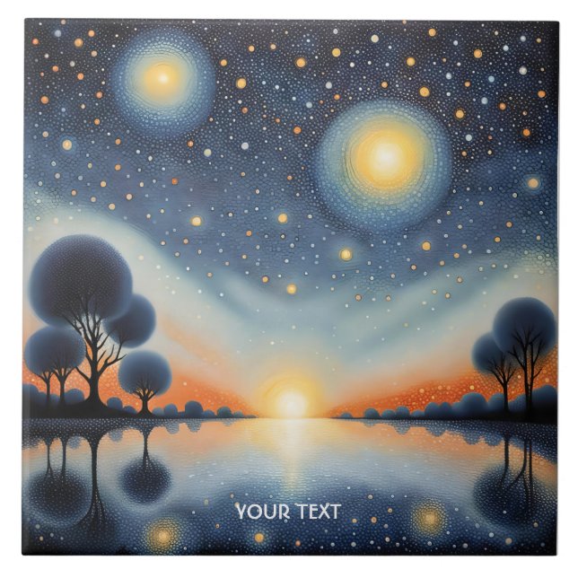 Fantasy Cute Pointillist Night Landscape Ceramic Tile (Front)