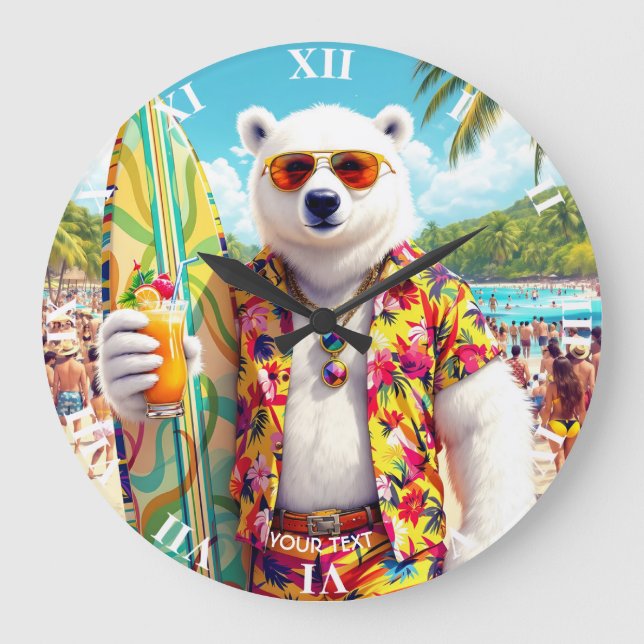 Fantasy Cute Polar Bear Beach Large Clock (Front)